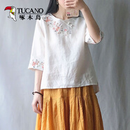 啄木鳥(niǎo)文藝小清新寬松圓領(lǐng)棉麻純色T恤女七分袖春夏季盤(pán)扣繡花短款上衣 白色 【優(yōu)質(zhì)版】 M 【建議85-105斤】