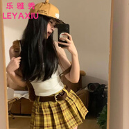 樂雅秀美式甜辣風(fēng)百搭裙女復(fù)古立體雙腰頭百褶裙防芭蕾風(fēng)低腰格紋半身裙 黃色格紋 M 建議90-100斤