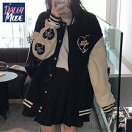 DALEY MODE外套女2025年新款秋冬加絨寬松bf慵懶風(fēng)愛心拼色棒球服ins潮 黑色*【加絨加厚】 M