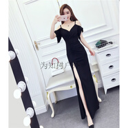為知樹(shù)夜場(chǎng)女裝性感連衣V領(lǐng)露肩短袖聚會(huì )禮服開(kāi)叉吊帶長(cháng)裙晚禮服敬酒服 增黑色+ L
