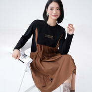 木果果木2024秋季新款日系工裝風(fēng)拼接中長(cháng)款寬松長(cháng)袖連衣裙 黑色 L