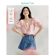 茵曼（INMAN）萊賽爾涼感襯衫2025夏季女裝新款娃娃領(lǐng)方領(lǐng)荷葉邊舒適短袖薄上 藕粉色 L