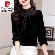 皮爾卡丹（pierre cardin）金絲絨打底衫女士春秋冬2024年新款洋氣媽i媽t恤小衫氣質(zhì)內(nèi)搭上衣 黑色《氣質(zhì)洋氣媽.媽減齡歐貨女 XL (115-125斤)