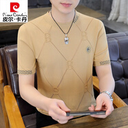 皮爾卡丹（pierre cardin）刺繡針織短袖t恤男夏季潮牌薄款短袖上衣高端男裝冰絲圓領(lǐng)打底衫 WE933卡其色 XL 120-135斤