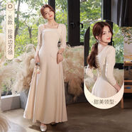 MXRP伴娘服秋冬款2022新款冬季長(cháng)袖緞面晚禮服冬天姐妹團伴娘裙香檳色 DMG22926香檳色長(cháng)款D S