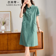 衣典零一（LEDIALYI）短袖牛仔連衣裙女2025夏季新款中年高級感時尚氣質(zhì)休閑襯衫裙夏天 綠色 L （建議110-125斤）