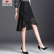 皮爾卡丹（pierre cardin）水溶蕾絲半身裙女秋季2025新款高腰黑色不規(guī)則a字魚(yú)尾包臀中裙 黑色WC-JYM-99113 M 85-100斤