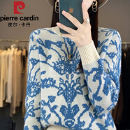 皮爾卡丹（pierre cardin）復(fù)古重工提花毛衣女圓領(lǐng)國風青花瓷針織衫長袖內(nèi)搭打底衫上衣秋冬 青花白 XL