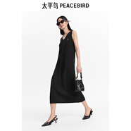 太平鳥(niǎo)女裝針織V領(lǐng)連衣裙2024秋純色柔軟無(wú)袖裙小眾洋氣長(cháng)裙 黑色無(wú)袖 M