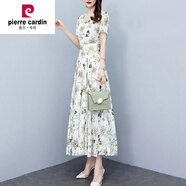 皮爾卡丹（pierre cardin）碎花雪紡連衣裙子女士夏季2024年新款大I碼遮肉顯瘦氣質(zhì)中長(zhǎng)裙 白綠花 5XL (163-175斤)