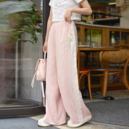森女部落郁金香刺繡蕾絲拼接多巴胺閨蜜休閑褲粉色皺感褲子夏 粉色（單件） S