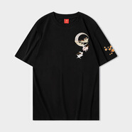 古萊登（GODLIKE）國潮中國風短袖T恤夜光玉兔刺繡重磅潮牌寬松純棉圓領(lǐng)大碼男裝衫 黑色 S