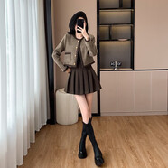 沁花坊小香風(fēng)套裝裙小個(gè)子2024淑女氣質(zhì)名媛外套百褶裙短裙兩件套 咖色 均碼 s