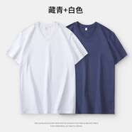 賓儲(chǔ)（BINCHU）純棉V領(lǐng)2025夏季新款純色短袖T恤簡(jiǎn)約雞心領(lǐng)上衣寬松顯瘦大碼體恤 V領(lǐng)短袖/藏青+白色 M
