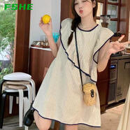 FSHE條紋無袖連衣裙女夏季韓版不規(guī)則荷葉邊設(shè)計(jì)顯瘦娃娃裙 杏色條紋連衣裙 L 建議110-120