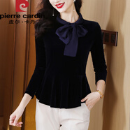 皮爾卡丹金絲絨襯衫女士長(cháng)袖打底衫春季新款收腰裙擺上衣媽媽蝴蝶結襯衣 藏青色 XL