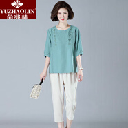 俞兆林（YUZHAOLIN）母親節中老年女裝新款媽媽夏季套裝洋氣棉麻上衣兩件套40歲50短袖 綠色＋米色小腳褲 XL (建議90-110斤)