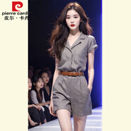 皮爾卡丹（pierre cardin）2024夏季高端歐貨洋氣套裝小個子休閑工裝灰色亞麻短袖連體衣褲女 灰色連體褲(送腰帶) M