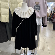 貓容韓系蕾絲荷葉花邊黑色絲絨連衣裙2024冬季新款復(fù)古氣質(zhì)百搭娃娃裙 黑色【現(xiàn)貨】 均碼