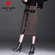 皮爾卡丹加厚貂絨中長款格子羊毛針織半身裙女2025秋冬新款高腰顯瘦包臀裙 珍珠扣【咖格子】 5XL 155-160