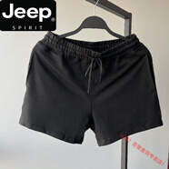 JEEP SPIRIT純棉運動短褲跑步健身三分褲男彈力運動超短褲3分熱褲系帶短褲 黑色 2XL (150斤-170斤)
