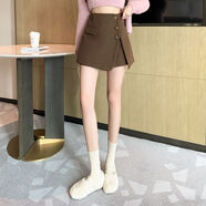 名崢黑色短褲女五分褲裙半身裙褲女毛呢短褲2023冬裝呢子a字裙褲高腰 咖色 S