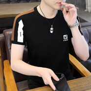 朗光春夏季圓領(lǐng)短袖T恤男修身潮流上衣體恤打底衫半截袖男裝衣服 2102 黑色 XL/175