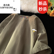 洛夫倫棉麻短袖t恤男大碼寬松潮流ins胖子加肥中國風夏季亞麻五分袖 T125軍綠色 5XL