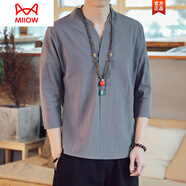 貓人（MiiOW）家居服睡衣男士亞麻男春夏季中國風(fēng)棉麻中袖大碼七分袖唐裝短半袖 深灰色 XL