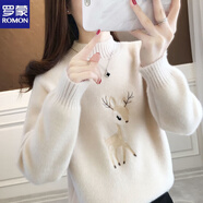 羅蒙（ROMON）羊.毛衫女秋冬新款卡通鹿針織衫半高領(lǐng)內(nèi)搭外穿長(zhǎng)袖保暖毛衣女士 杏色 2XL 125-135斤
