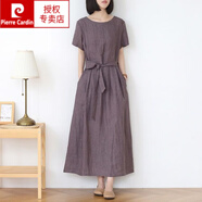 皮爾卡丹（pierre cardin）2024新款亞麻圓領(lǐng)短袖棉麻夏裙子新款女長款復(fù)古寬松長裙純色文藝 煙紫色 3XL 建議150-165斤