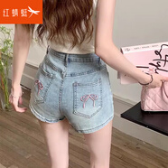 紅蜻蜓 年夏季新款辣妹口袋刺繡牛仔短褲女高腰a字超短褲緊身熱褲穿 藍(lán)色 L 【建議109-118斤】