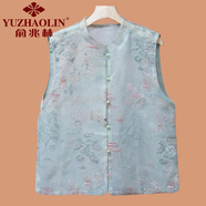 俞兆林（YUZHAOLIN）媽媽夏裝新中式刺繡綠色背心馬甲中老年女裝國風(fēng)改良唐裝上衣薄款 青色 S (參考90-110斤)