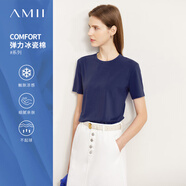AMII2025夏季短袖女t恤新款潮流通勤風冰瓷棉修身彈力短袖女 深海藍 XL