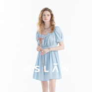 MSLAN夏季娃娃領(lǐng)短裙設計款連衣裙短袖茶歇連衣裙 城灰藍 S