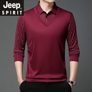JEEP SPIRIT吉普中年男士長(zhǎng)袖t恤爸爸秋裝薄款打底衫中老年假兩件春秋上衣POL 86628酒紅 2XL 180/120/54155-175斤