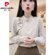 皮爾卡丹（pierre cardin）蕾絲打底衫女歐貨立體花朵加絨2025春季新款半高領(lǐng)泡泡袖毛衣上衣 卡其色(不加絨) 做工精細(xì) L 建議110-120斤