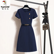 啄木鳥(niǎo)職業(yè)女裝高端套裝夏天重磅冰絲連衣裙夏季收腰修身款氣質(zhì)ol通勤 藏青色 L