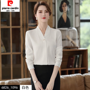 皮爾卡丹夏季襯衫女白色雪紡秋季工作服長(cháng)袖V領(lǐng)寬松職業(yè)上衣無(wú)領(lǐng)襯衣長(cháng)袖 白色長(cháng)/袖襯衫 L