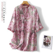 芊綢苧麻 連衣裙高端簡(jiǎn)約一線(xiàn)商場(chǎng)撤柜夏季新款減齡洋氣個(gè)性文藝印 粉色【高品質(zhì)】 M【95-110斤】中碼