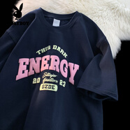 花花公子（PLAYBOY）純棉短袖t恤男2025夏季新款印花休閑體恤寬松五分袖上衣260g重磅 藏青色 L