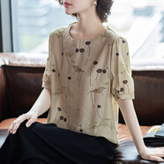 艾妃琳母親節媽媽夏裝雪紡套裝2024新款中老年女短袖t恤洋氣小衫上衣服 杏色【單件上衣】 XL 90-110斤