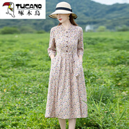 啄木鳥(niǎo)（TUCANO）2025春夏季新款棉麻中袖七分袖碎花甜美連衣裙子女收腰小個(gè)子 花色 L【105-120斤】
