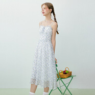 樂(lè )町清新雪紡碎花吊帶裙不規則多層下擺飄逸連衣裙 藍印花（現貨） L