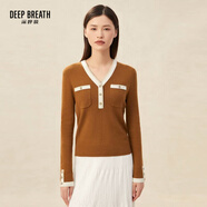 深呼吸DEEP BREATH女裝V領(lǐng)裝飾扣拼色修身小香風(fēng)羊毛針織衫女A301120 焦糖 M (3碼)