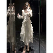 妍莉芬（yanlifen）法式溫柔風(fēng)白色雪紡連衣裙女春夏裝氣質(zhì)絕美不規(guī)則生日小禮服裙子 連衣裙 L
