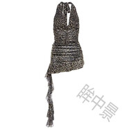 眸中景夏季復(fù)古豹紋女士熱辣吊帶短裙露背飄帶掛脖V領(lǐng)小個(gè)子包臀連衣裙 圖片色 S 建議80-90斤