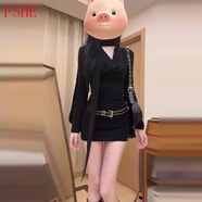 FSHE黑色長(cháng)袖純欲西裝連衣裙女秋冬早春2025新款設計修身顯瘦包臀短裙 【黑色】(送腰帶)廳里廳氣連衣裙 L 55/60kg