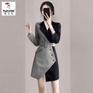 啄木鳥西裝連衣裙女春秋新款假兩件名媛氣質(zhì)設(shè)計感高端通勤2025新款女裝 千鳥格 M 【100-115斤】