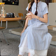 小野七天法式甜美條紋短袖襯衫連衣裙女夏季海邊度假風(fēng)氣質(zhì)寬松顯瘦A字裙 襯衫+半身裙 M